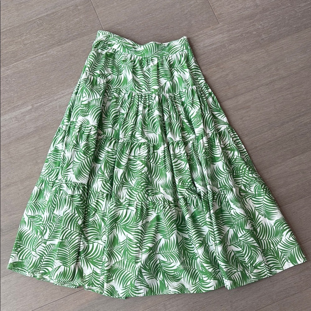 Carolina Herrera Size 4 Green Palm-Leaf Print Midi Skirt